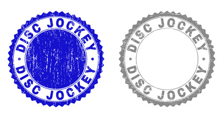 Grunge DISC JOCKEY stamp seals isolated on a white background. Rosette seals with grunge texture in blue and grey colors. Vector rubber stamp imprint of DISC JOCKEY label inside round rosette.