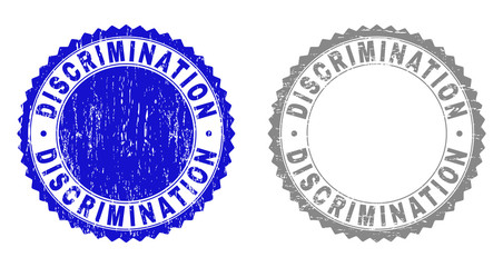 Grunge DISCRIMINATION stamp seals isolated on a white background. Rosette seals with grunge texture in blue and grey colors. Vector rubber stamp imprint of DISCRIMINATION title inside round rosette.