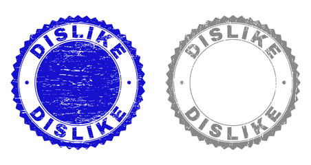 Grunge DISLIKE stamp seals isolated on a white background. Rosette seals with distress texture in blue and grey colors. Vector rubber stamp imprint of DISLIKE tag inside round rosette.