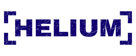 HELIUM caption seal print with distress texture. Text tag is placed between corners. Blue vector rubber print of HELIUM with dust texture.