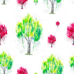 Abstract watercolor illustration of green and red Russian birch tree with splashis isolated on white background. Hand painted on paper. Seamless pattern