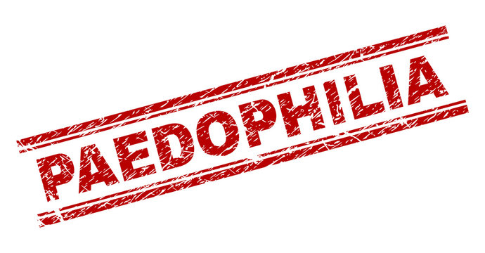 PAEDOPHILIA seal print with corroded style. Red vector rubber print of PAEDOPHILIA title with corroded texture. Text tag is placed between double parallel lines.