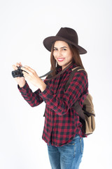 Beautiful traveller woman on white background