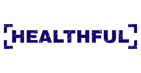 HEALTHFUL title seal print with corroded texture. Text title is placed between corners. Blue vector rubber print of HEALTHFUL with retro texture.