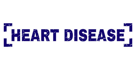 HEART DISEASE title seal imprint with distress texture. Text title is placed between corners. Blue vector rubber print of HEART DISEASE with corroded texture.