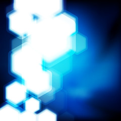 Abstract blue background with hexagons bokeh defocused lights.