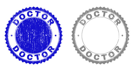 Grunge DOCTOR stamp seals isolated on a white background. Rosette seals with grunge texture in blue and grey colors. Vector rubber watermark of DOCTOR label inside round rosette.
