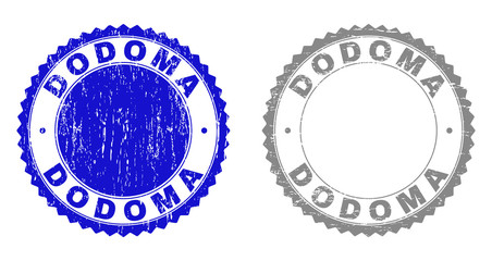 Grunge DODOMA stamp seals isolated on a white background. Rosette seals with distress texture in blue and gray colors. Vector rubber stamp imprint of DODOMA caption inside round rosette.