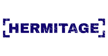 HERMITAGE text seal watermark with corroded texture. Text title is placed between corners. Blue vector rubber print of HERMITAGE with corroded texture.