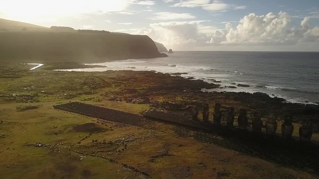 Aerial Footage view from drone over Ahu Tongariki, the most amazing Ahu platform on Easter Island. 15 moais still stand up at the south east of the Island. Ahu Tongariki reveals the Moais magic 5/5