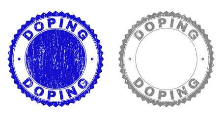 Grunge DOPING stamp seals isolated on a white background. Rosette seals with grunge texture in blue and grey colors. Vector rubber stamp imprint of DOPING text inside round rosette.