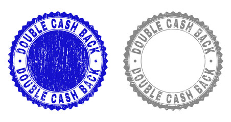 Grunge DOUBLE CASH BACK stamp seals isolated on a white background. Rosette seals with grunge texture in blue and grey colors.