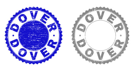 Grunge DOVER stamp seals isolated on a white background. Rosette seals with distress texture in blue and gray colors. Vector rubber stamp imprint of DOVER title inside round rosette.