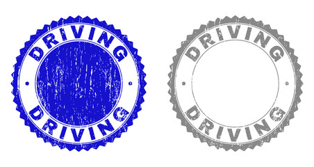 Grunge DRIVING stamp seals isolated on a white background. Rosette seals with grunge texture in blue and grey colors. Vector rubber overlay of DRIVING title inside round rosette.