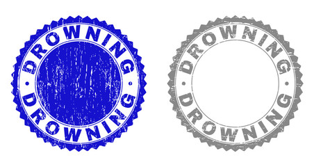 Grunge DROWNING stamp seals isolated on a white background. Rosette seals with grunge texture in blue and grey colors. Vector rubber stamp imprint of DROWNING label inside round rosette.