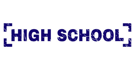HIGH SCHOOL tag seal print with corroded texture. Text tag is placed between corners. Blue vector rubber print of HIGH SCHOOL with retro texture.