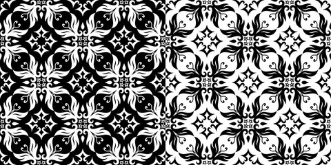 Compilation of floral patterns. Set of seamless black and white monochrome backgrounds