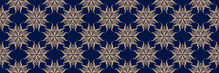 Floral seamless pattern. Golden flowers on dark blue background