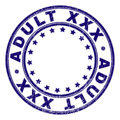 ADULT XXX stamp seal watermark with grunge texture. Designed with round shapes and stars. Blue vector rubber print of ADULT XXX title with retro texture.