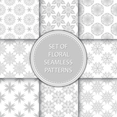 Compilation of floral patterns. Gray design with flowers on white background