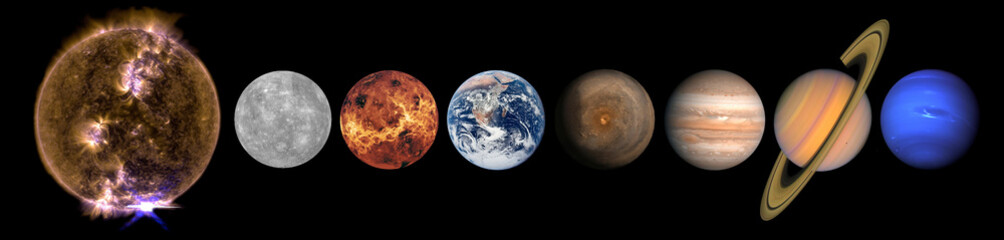 Solar system planets and the Sun in a row isolated on black. Mercury, Venus, planet Earth, Mars,...