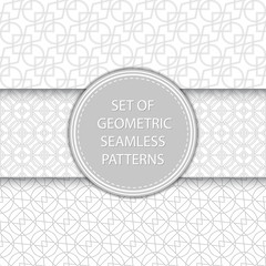 Compilation of geometric seamless patterns. Gray designs on white background