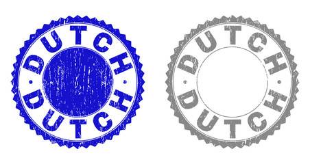 Grunge DUTCH stamp seals isolated on a white background. Rosette seals with distress texture in blue and grey colors. Vector rubber stamp imprint of DUTCH text inside round rosette.