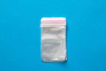 Clear ziplock bags, refrigerator bag on blue background