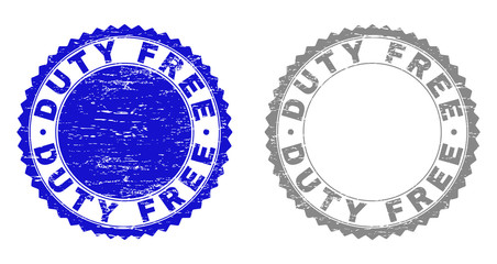 Grunge DUTY FREE stamp seals isolated on a white background. Rosette seals with grunge texture in blue and grey colors. Vector rubber watermark of DUTY FREE tag inside round rosette.