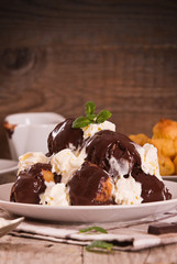 Chocolate profiteroles. 