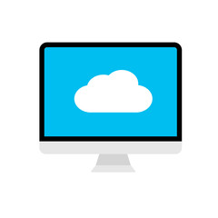 Modern computer with sign of cloud technology at the blue display. Concept of connecting to cloud database storage service.