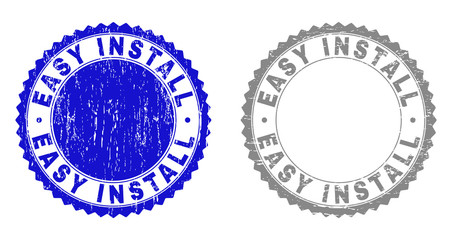 Grunge EASY INSTALL stamp seals isolated on a white background. Rosette seals with grunge texture in blue and gray colors. Vector rubber stamp imprint of EASY INSTALL text inside round rosette.