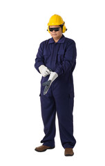 portrait of a worker in Mechanic Jumpsuit is Removing gloves isolated on white background