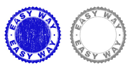 Grunge EASY WAY stamps isolated on a white background. Rosette seals with grunge texture in blue and gray colors. Vector rubber stamp imitation of EASY WAY text inside round rosette.