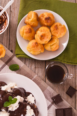 Chocolate profiteroles. 