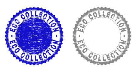 Grunge ECO COLLECTION stamp seals isolated on a white background. Rosette seals with grunge texture in blue and gray colors. Vector rubber stamp imitation of ECO COLLECTION label inside round rosette.