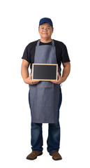 worker man or Serviceman in Black shirt and apron is holding chalkboard isolated