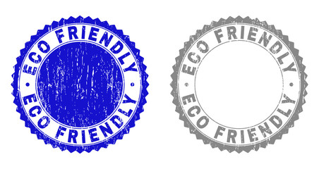 Grunge ECO FRIENDLY stamp seals isolated on a white background. Rosette seals with distress texture in blue and grey colors. Vector rubber stamp imprint of ECO FRIENDLY caption inside round rosette.