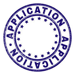 APPLICATION stamp seal watermark with grunge texture. Designed with round shapes and stars. Blue vector rubber print of APPLICATION caption with grunge texture.