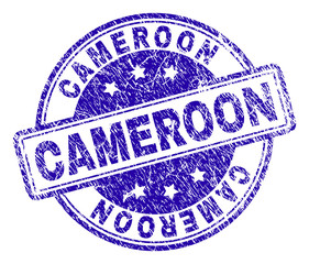 CAMEROON stamp seal watermark with grunge texture. Designed with rounded rectangles and circles. Blue vector rubber print of CAMEROON label with scratched texture.
