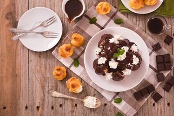 Chocolate profiteroles. 