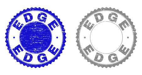 Grunge EDGE stamp seals isolated on a white background. Rosette seals with distress texture in blue and grey colors. Vector rubber stamp imitation of EDGE tag inside round rosette.