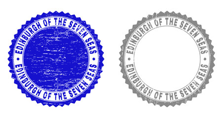 Grunge EDINBURGH OF THE SEVEN SEAS stamp seals isolated on a white background. Rosette seals with distress texture in blue and grey colors.