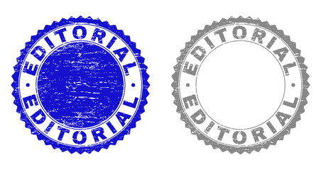 Grunge EDITORIAL stamp seals isolated on a white background. Rosette seals with grunge texture in blue and gray colors. Vector rubber stamp imprint of EDITORIAL title inside round rosette.