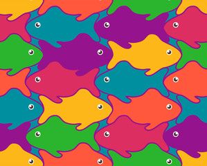Vector illustrations of fishes. Seamless background with pictures of multi-colored sea inhabitants. Trend colors for design. Flat design.