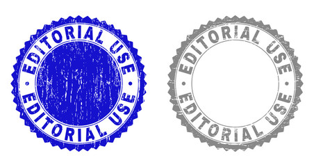 Grunge EDITORIAL USE stamp seals isolated on a white background. Rosette seals with grunge texture in blue and gray colors. Vector rubber overlay of EDITORIAL USE caption inside round rosette.