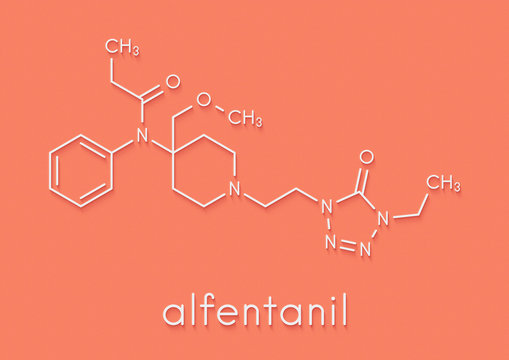Alfentanil opioid analgesic drug molecule. Skeletal formula.