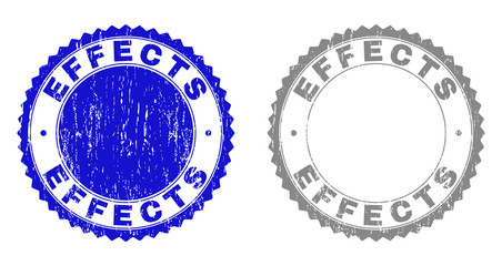 Grunge EFFECTS stamp seals isolated on a white background. Rosette seals with distress texture in blue and grey colors. Vector rubber overlay of EFFECTS caption inside round rosette.