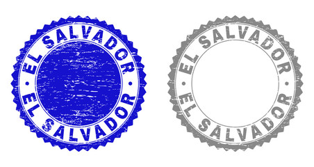 Grunge EL SALVADOR stamp seals isolated on a white background. Rosette seals with grunge texture in blue and gray colors. Vector rubber overlay of EL SALVADOR label inside round rosette.