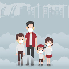 Fototapeta premium People wearing protective face masks Character Medical Health care concept, factory pipes emitting smoke on background. Fine dust, PM 2.5, air pollution, industrial smog, pollutant gas emission.